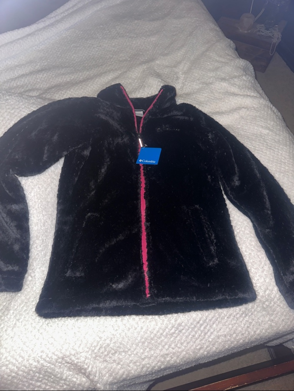 Columbia Black Plush Faux Fur Jacket with Pink Zipper Trim
